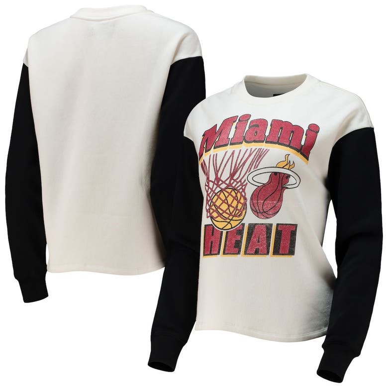 Junk Food Women's White And Black Miami Heat Contrast Sleeve Pullover Sweatshirt