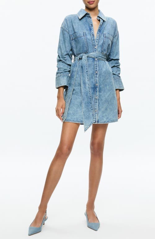 Shop Alice And Olivia Alice + Olivia Brigita Ruched Sleeve Denim Mini Shirtdress In Harlow Vintage Blue