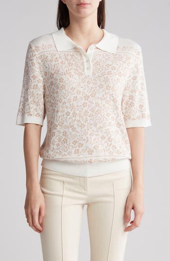 Gemma + Jane Floral Jacquard Sweater Polo In White