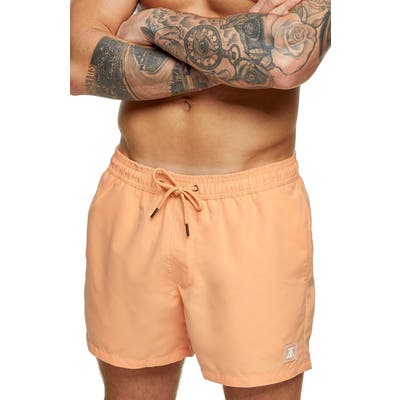 Topman Hester Solid Swim Trunks, Orange