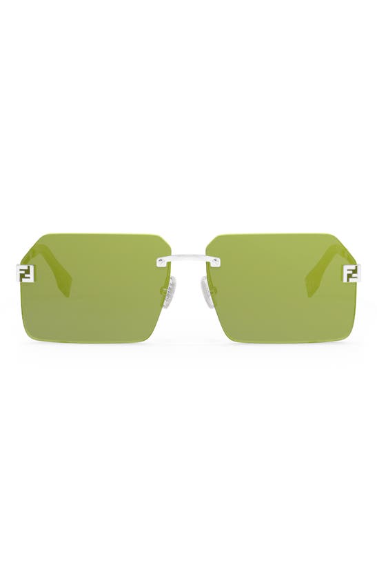 Fendi Sky 59mm Rectangular Sunglasses In Shiny Palladium / Green Mirror