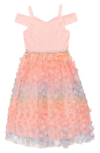 Shop Speechless Kids' Off The Shoulder Flower Appliqué Dress In Peach/blue