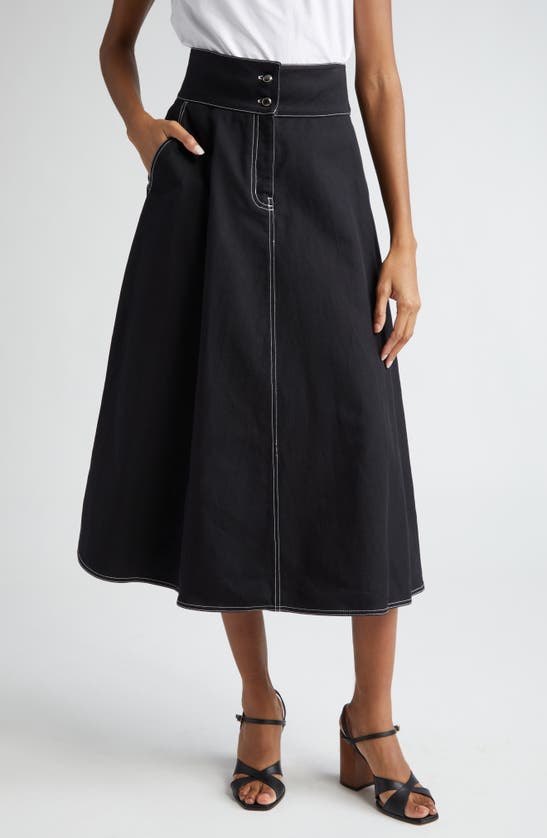 Shop Max Mara Cotton & Linen Canvas Midi Skirt In Black