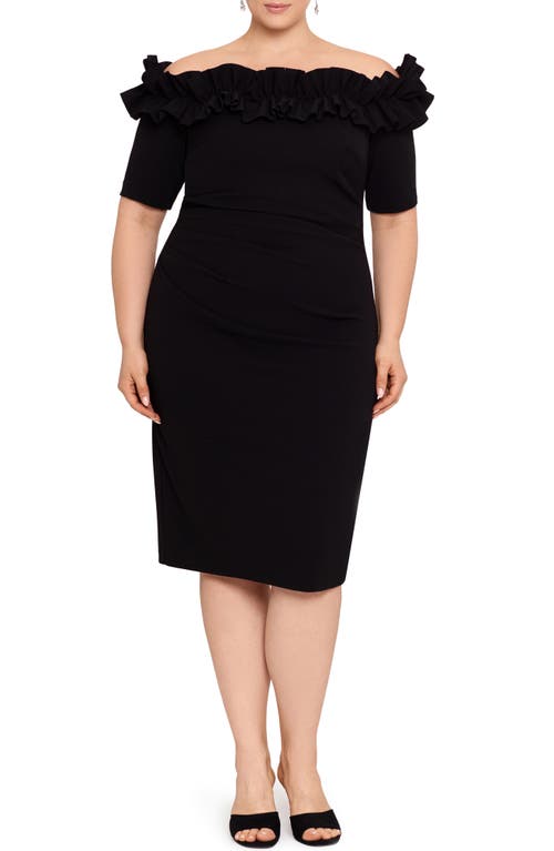 Xscape Evenings Ruffle Off the Shoulder Scuba Crepe Cocktail Dress Black at Nordstrom,