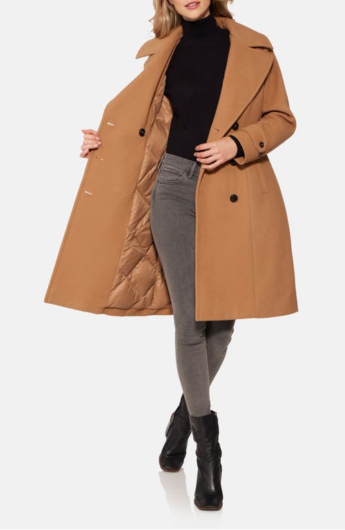 Norwegian Wool Waterproof Double Breasted Wool Blend Coat With 750 Fill Power Down Quilted Lining In Camel