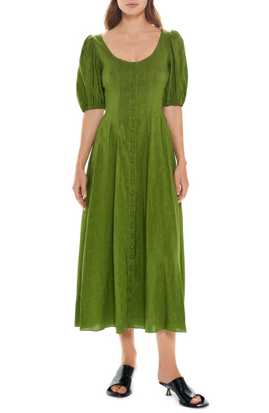 La Ligne Puff Sleeve Linen Blend Dress In Palm