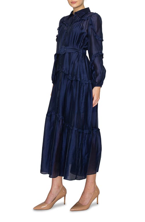 Shop Melloday Ruffle Belted Long Sleeve Maxi Shirtdress In Midnight Blue