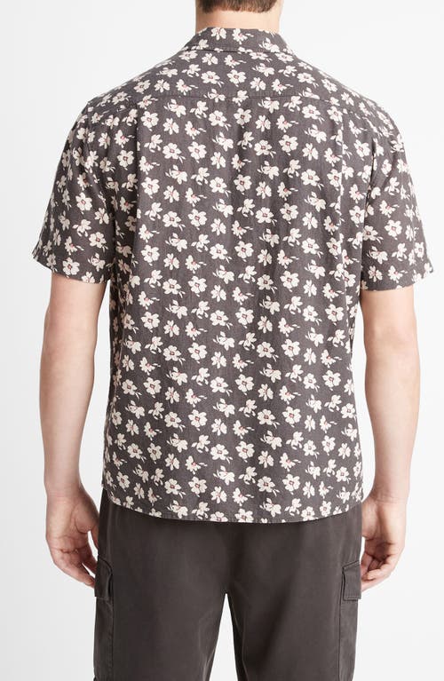 Shop Vince Abstract Daisies Short Sleeve Linen Blend Button-up Shirt In Soft Black/sea Salt