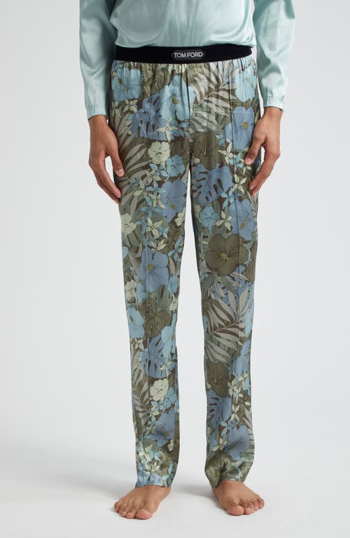 Tom Ford Botanical Print Stretch Silk Pajama Pants In Blue/green