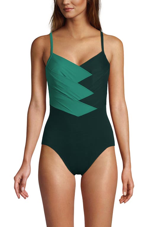 Shop Lands' End Slender Suit V-neck Pleated X-back One Piece Swimsuit Adjustable Straps In Island Emerald/deep Balsam