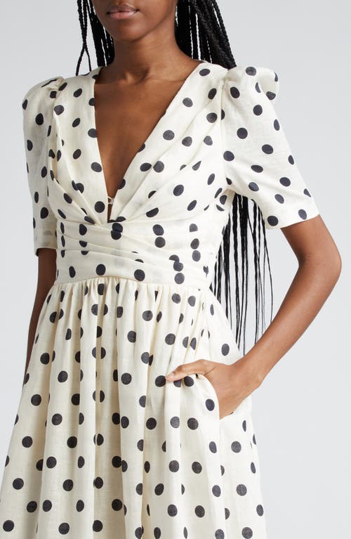 Shop Zimmermann Polka Dot Pleated Linen Midi Dress In Cream/black Dot