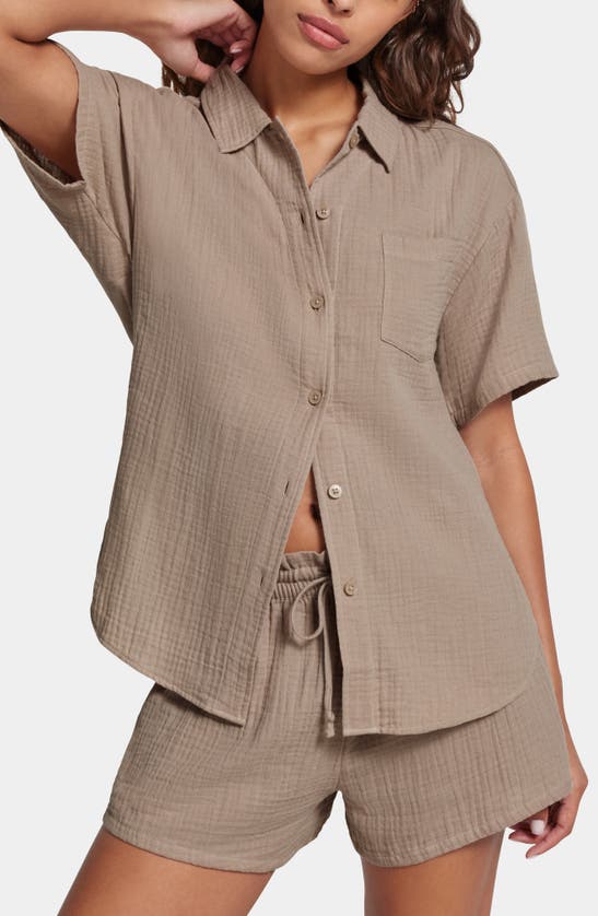 Shop Ugg Embrook Short Sleeve Cotton Gauze Pajama Top In Putty