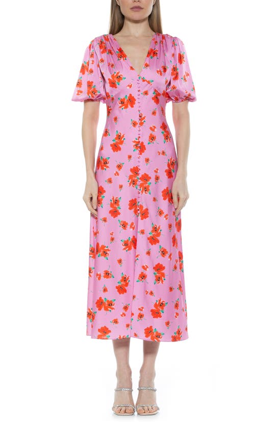 Alexia Admor Lorelei V-neck Bubble Sleeve Midi Dress In Pink Floral