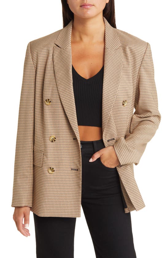 Shop Wayf Newton Check Double Breasted Blazer In Brown Houndstooth
