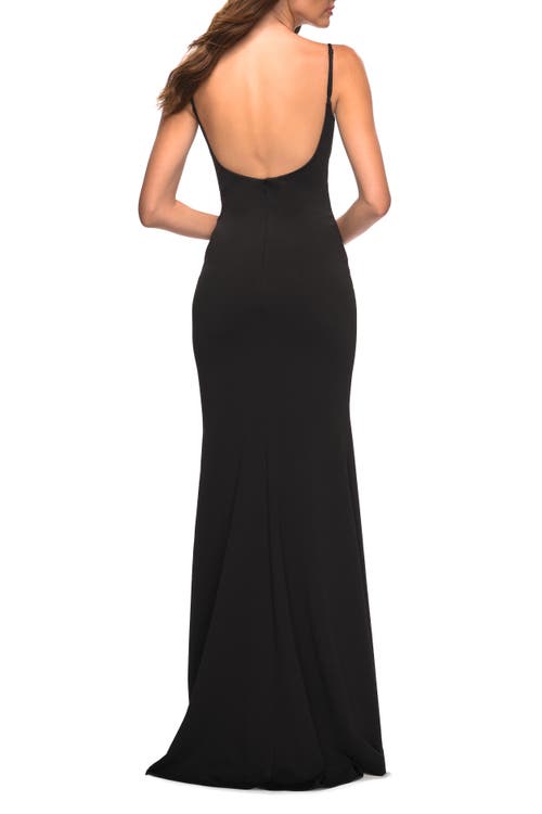 La Femme Simple Elegant Long Jersey Dress With Scoop Neck In Black