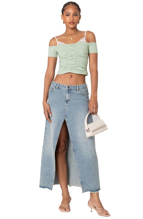 EDIKTED EDIKTED PEEKING LACE COLD SHOULDER RUCHED CROP TOP