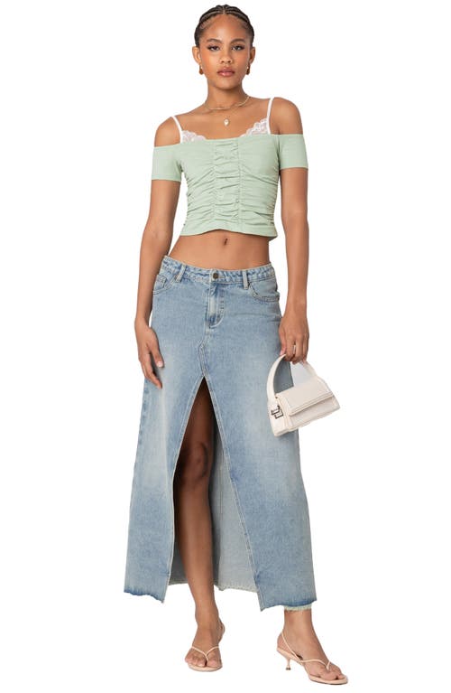 Shop Edikted Peeking Lace Cold Shoulder Ruched Crop Top In Sage