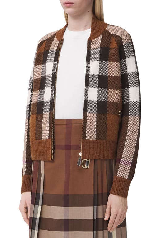 burberry Demmi Check Jacquard Wool & Cashmere Sweater Bomber Jacket in Dark Birch Brown