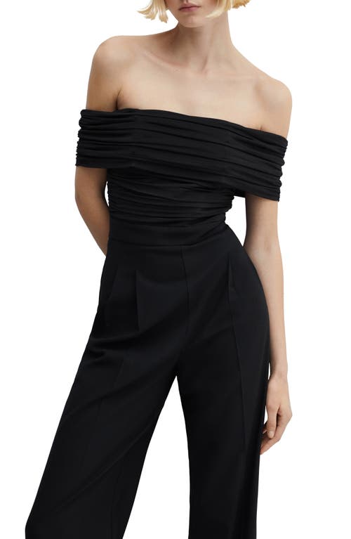 Mango Off-shoulder Jumpsuit With Gathered Detail Black In Black