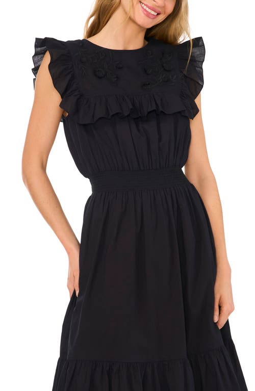 Shop Cece Ruffle Yoke Embroidered Midi Dress In Rich Black