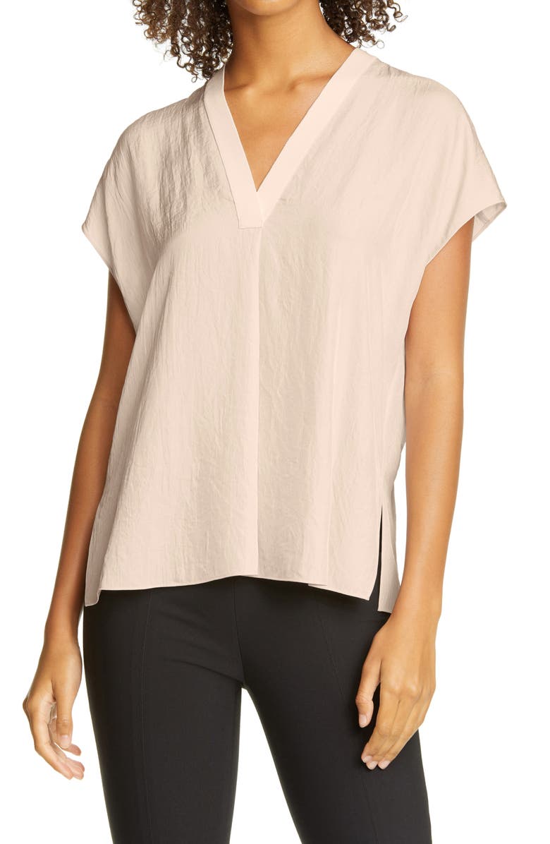 VINCE Rib Trim V-Neck Top, Main, color, CHAMPAGNE