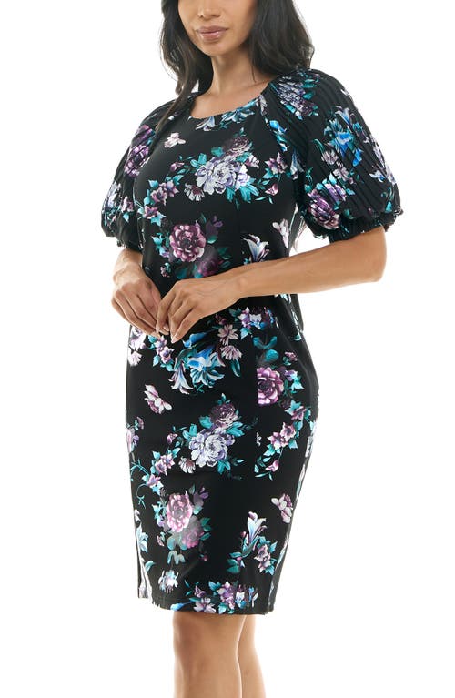 Nina Leonard Floral Puff Sleeve Dress In Black/lavender Multi