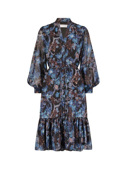 Mac Duggal Lurex Chiffon Bishop Sleeve Button Up Midi Dress In Black Multi