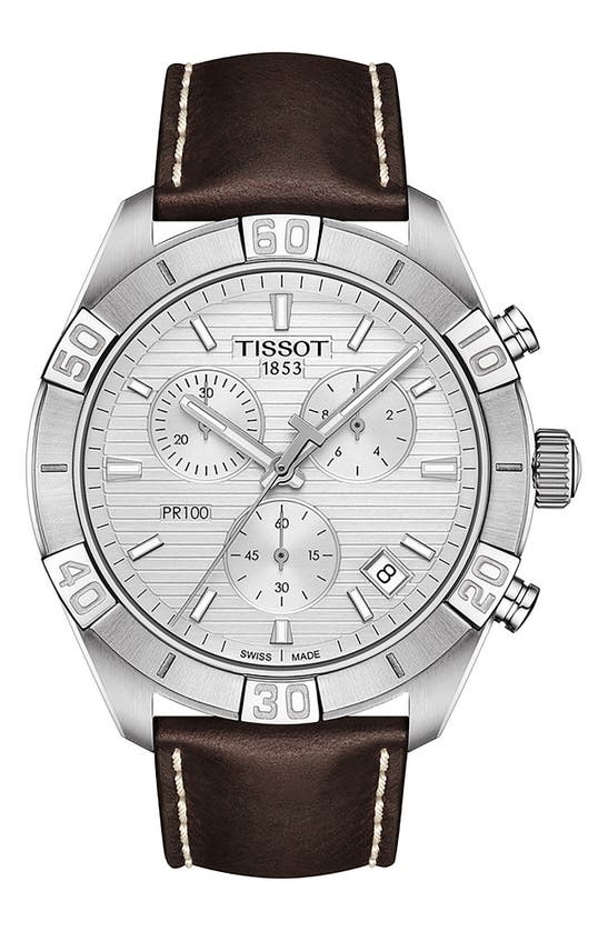 Shop Tissot Pr 100 Chronograph Leather Strap Watch, 44mm In Silver/silver