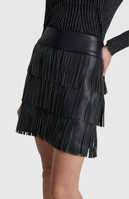 Shop Dkny Tiered Fringe Faux Leather Miniskirt In Black