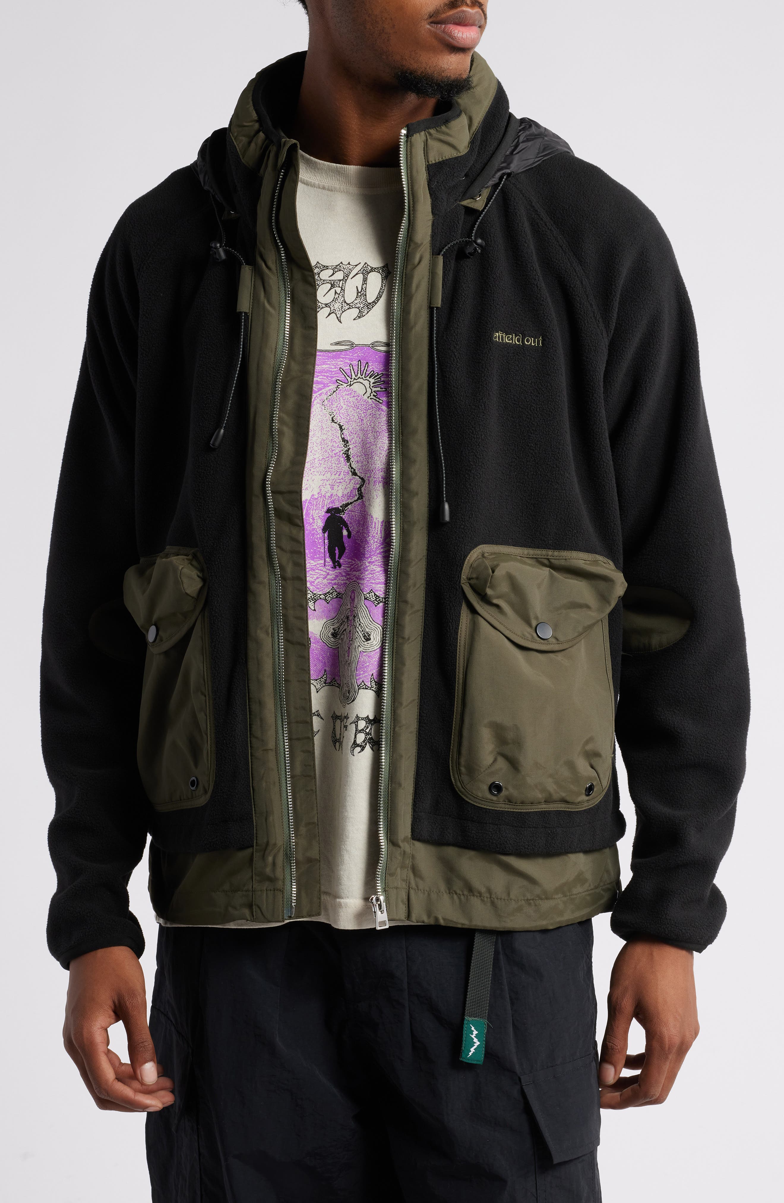 Afield Out Crest Fleece Hooded Utility Jacket in Black 