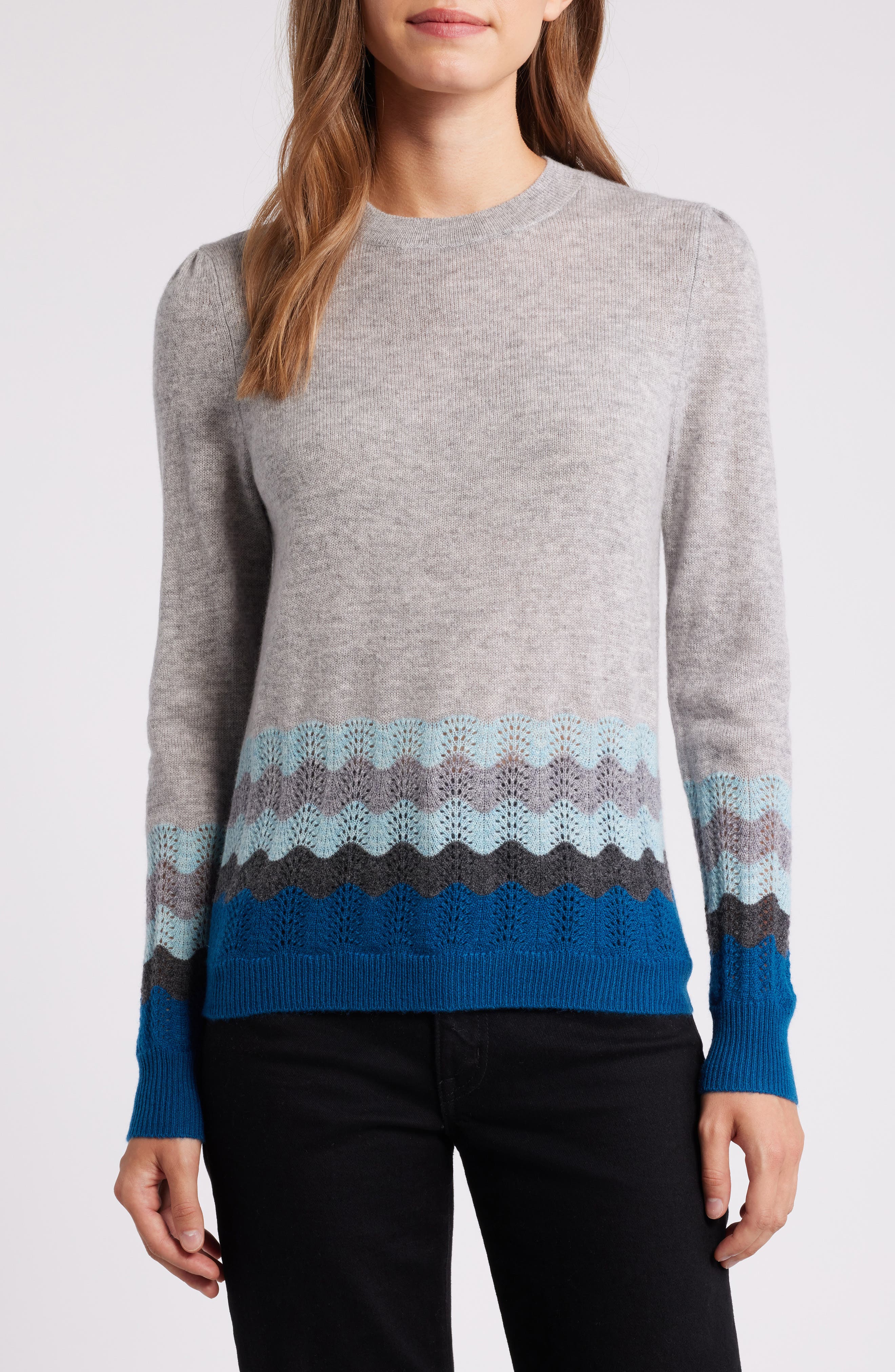 Griffen Pointelle Border Wool & Cashmere Crewneck Sweater in Light Grey Teal Combo 