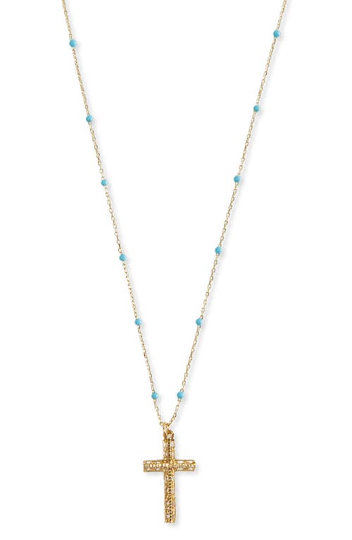 Turquoise Station Cross Pendant Necklace in Gold