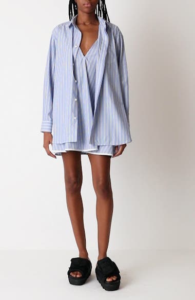 Sacai Stripe Layered Ruffle Long Sleeve Cotton Poplin Shirtdress