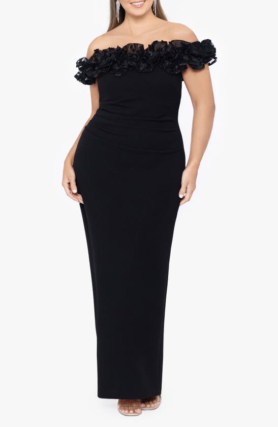 Shop Xscape Evenings Ruffle Off The Shoulder Crepe Gown In Black