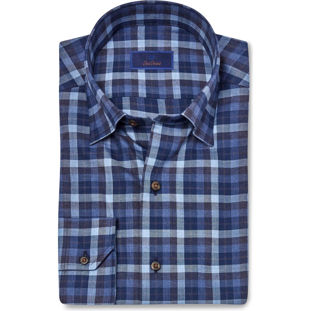 David Donahue Plaid Cotton Twill Hidden Button-down Shirt In Blue