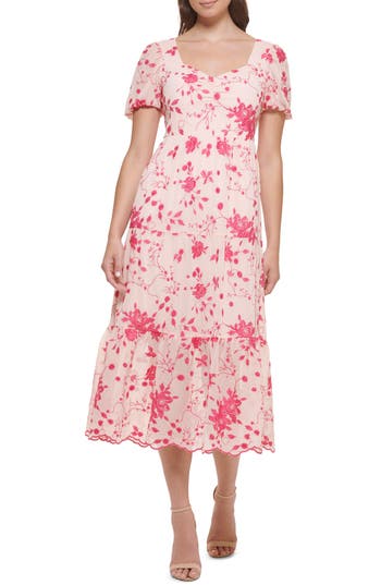 Kensie Floral Embroidered Puff Sleeve Chiffon Midi Dress In Blush/rasberry
