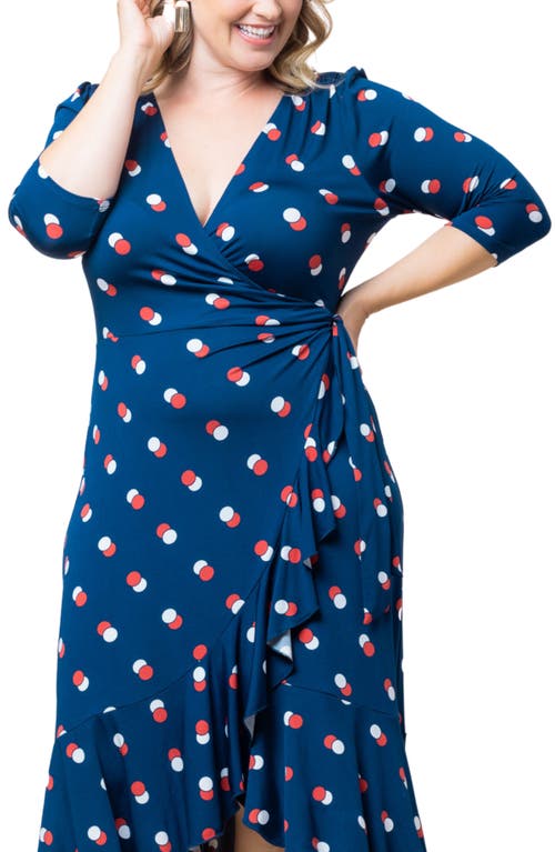 Kiyonna Flirty Flounce Wrap Dress In Navy Dot Duo