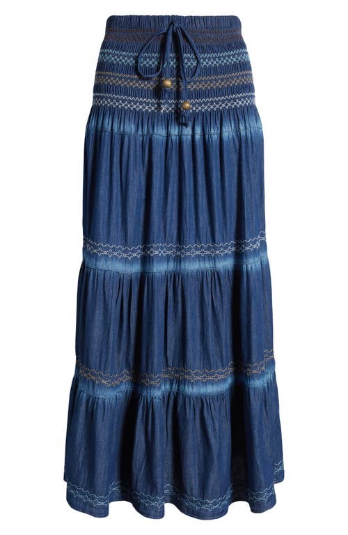 Selena Embroidered Denim Maxi Skirt in Blue