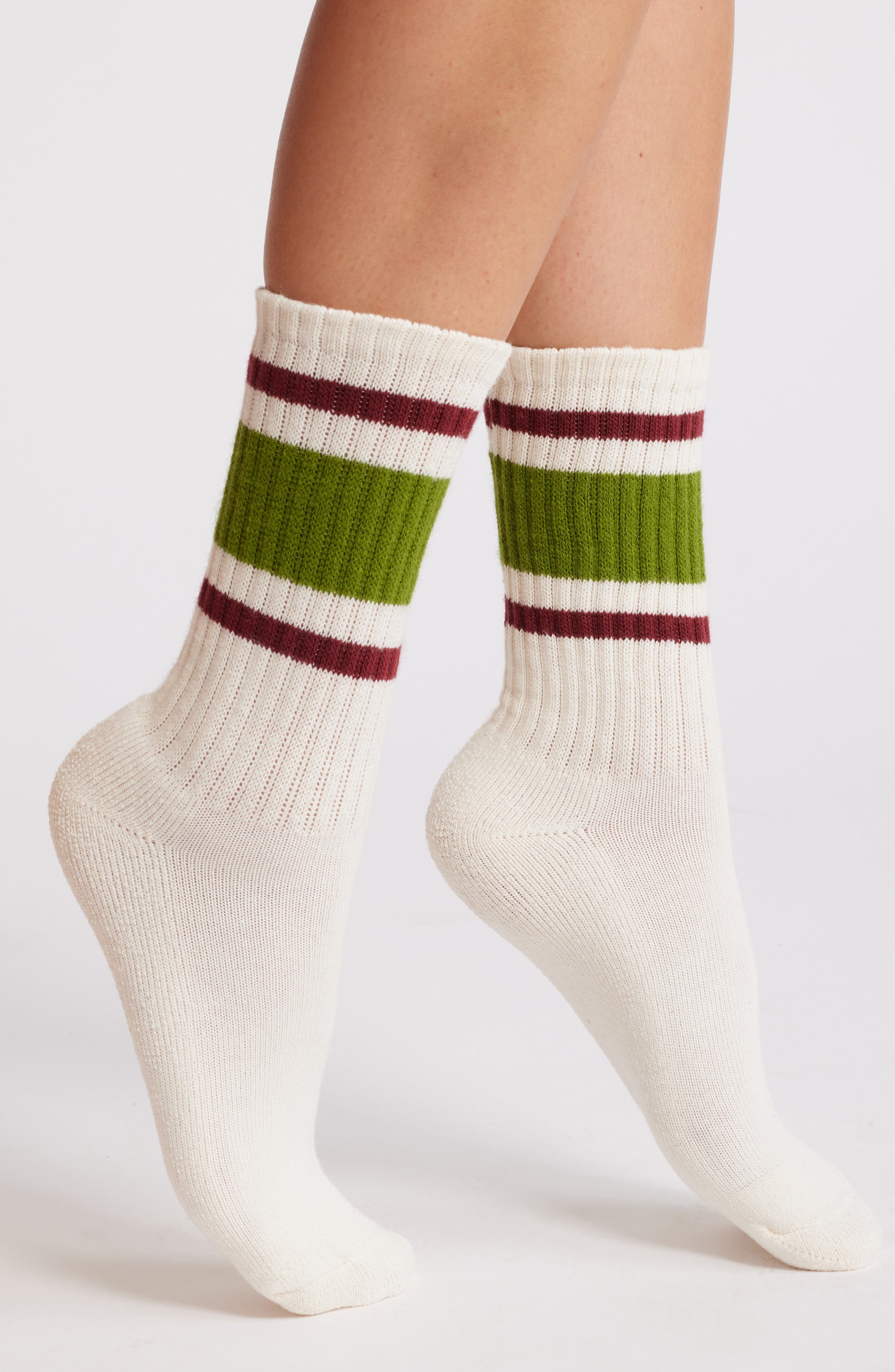 American Trench Retro Stripe Cotton Blend Crew Socks in Chive/Berry 