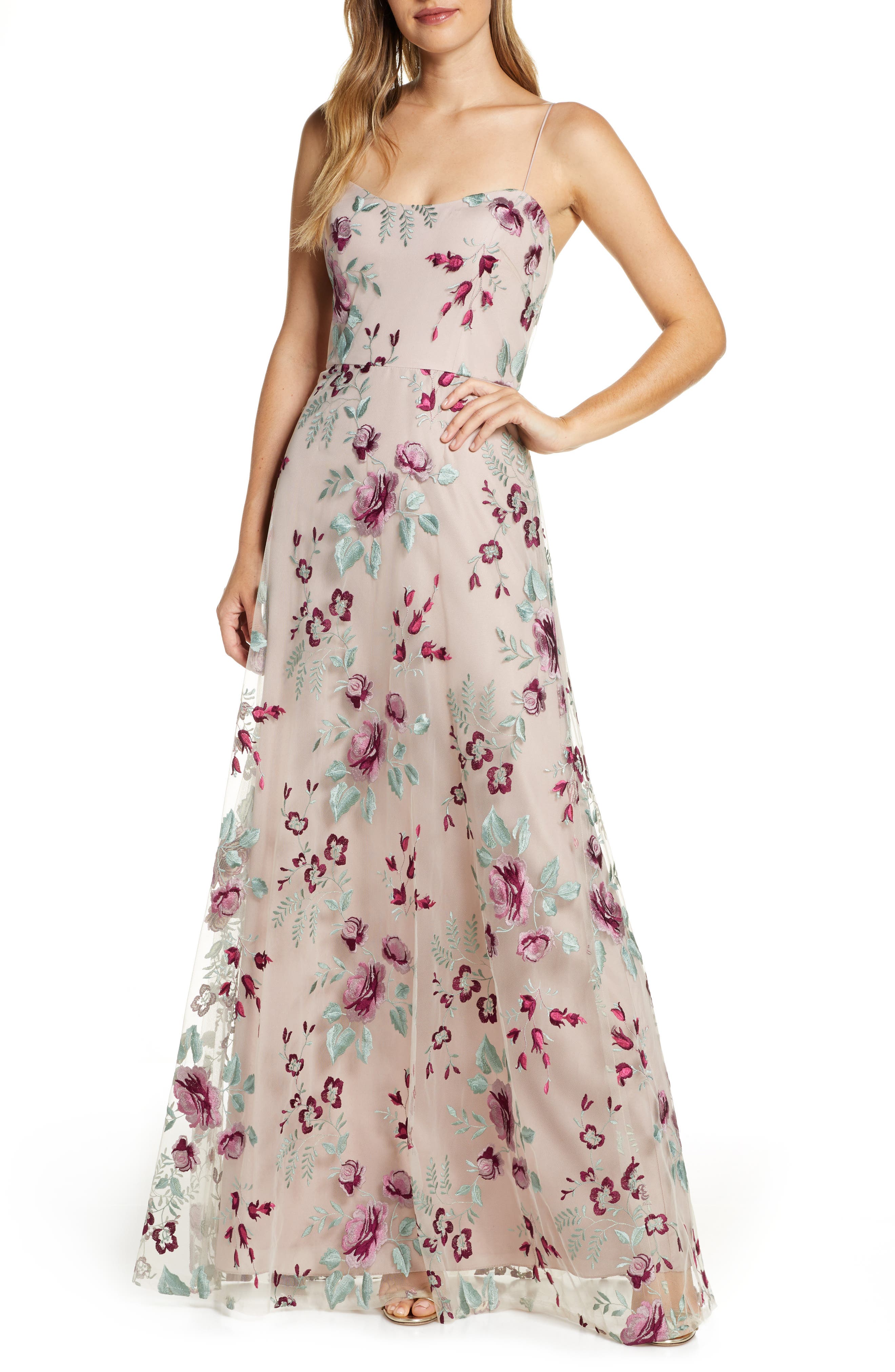 drew floral embroidered tulle evening dress