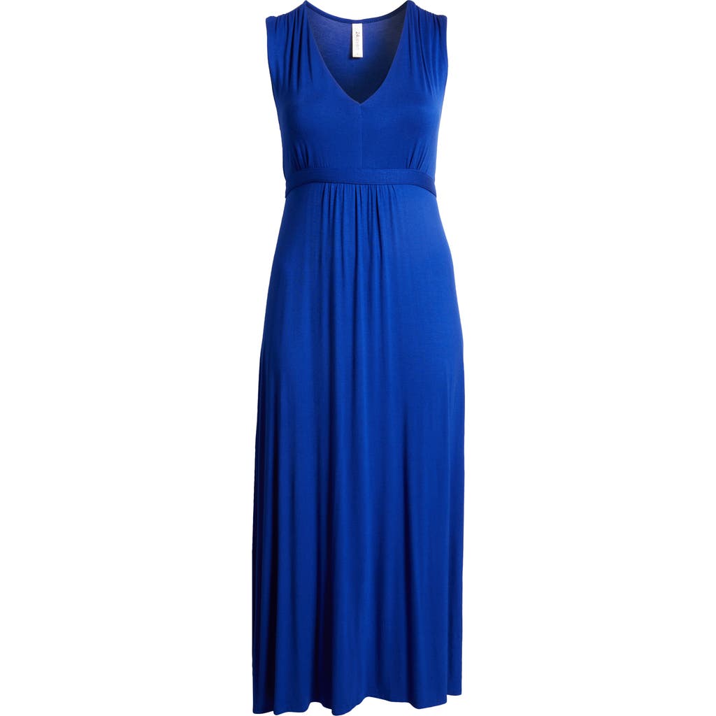 24seven Comfort Apparel V Neck Sleeveless Maternity Maxi Dress With Belt In Blue