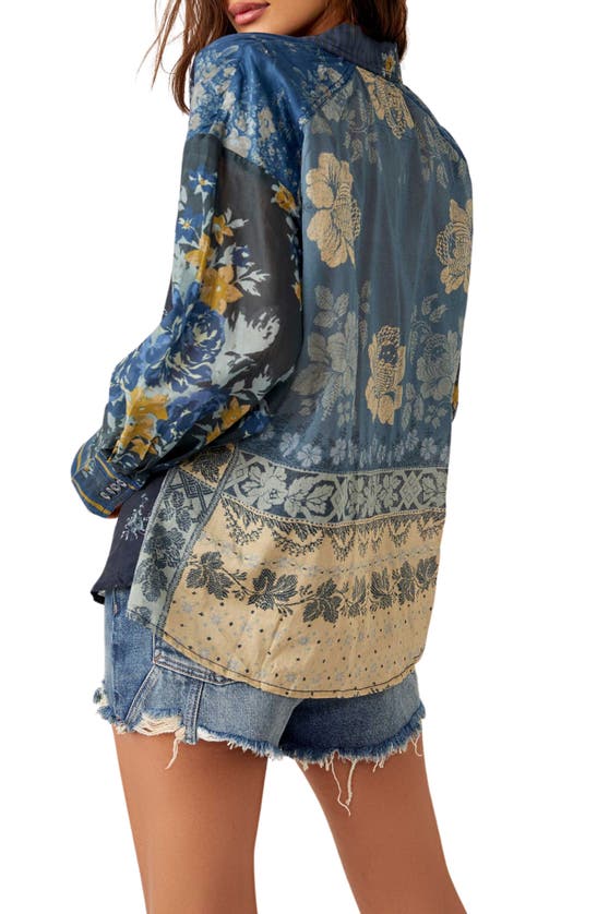 Shop Free People Flower Patch Mixed Print Cotton Button-up Shirt In Indigo Combo