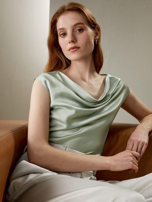 Lilysilk Silk Charmeuse Cowl Neck Top In Aqua Green