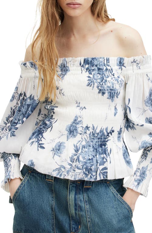 AllSaints Lara Dekorah Off the Shoulder Smocked Linen & Silk Top Denim Blue at Nordstrom, Us