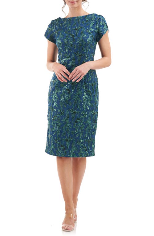 JS Collections Fiona Embroidered Floral Sheath Dress in Cobalt/Kelly Green