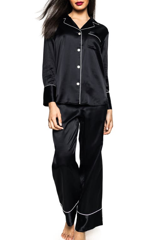 Petite Plume Contrast Piping Silk Pajamas in Black