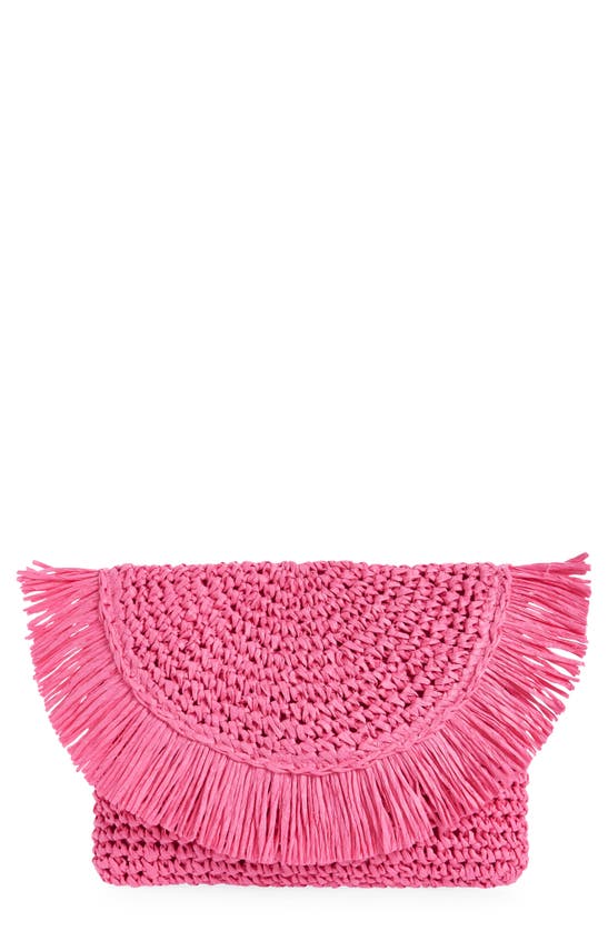 Btb Los Angeles Riley Fringe Straw Clutch Bag In Hot Pink