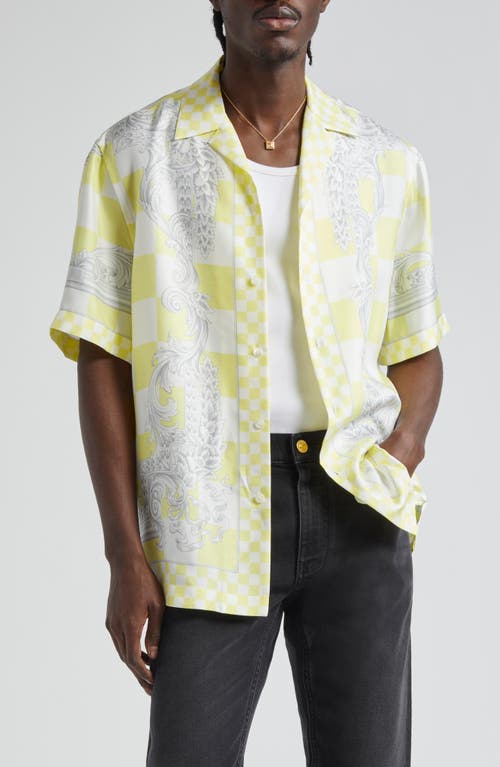 Medusa Check Short Sleeve Silk Button-Up Shirt in 5X510-Pale Yellow White Silver