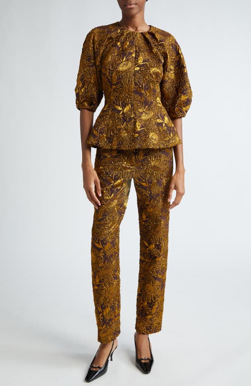 Shop Lela Rose Floral Peplum Top In Chestnut/gold