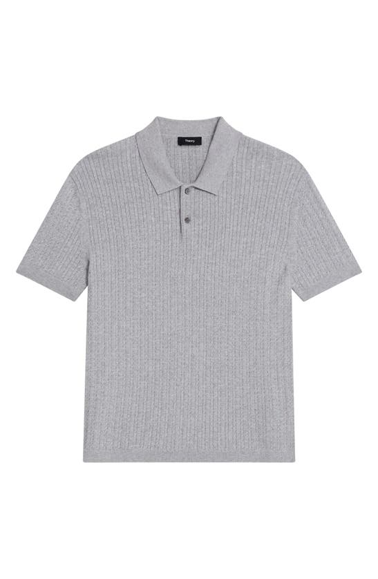 Theory Cable Short Sleeve Cotton Blend Polo Sweater In Light Grey Heather